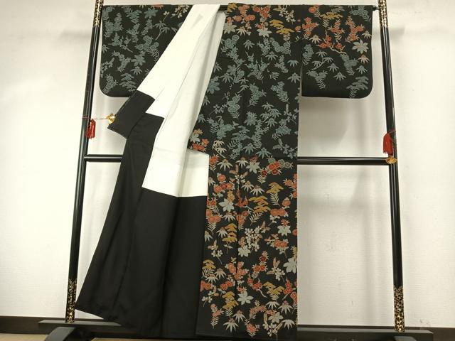 平和屋着物●訪問着　刺繍　草花文　黒地　正絹　逸品　AABE5586fy