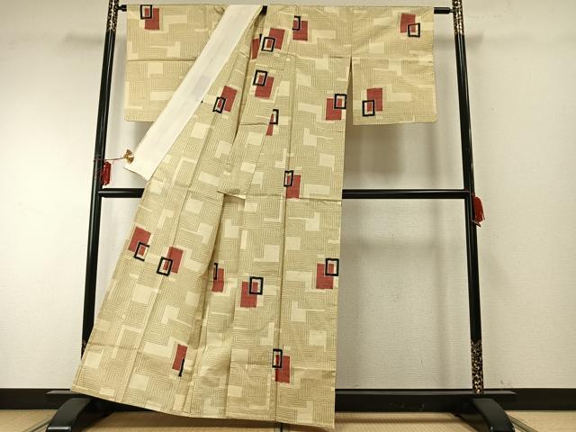 平和屋着物▽上質な紬 単衣 色紙重ね文 正絹 逸品 AABE5612fy