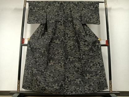 平和屋着物▽上質な紬 単衣 流水花文 黒地 正絹 逸品 AABE5613fy