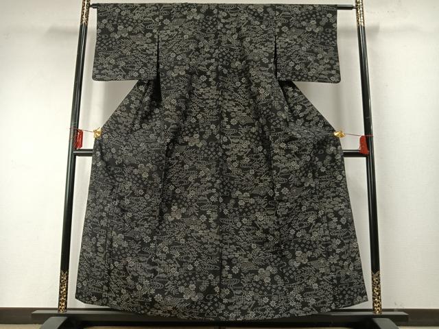 平和屋着物▽上質な紬 単衣 流水花文 黒地 正絹 逸品 AABE5613fy