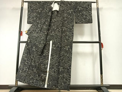平和屋着物▽上質な紬 単衣 流水花文 黒地 正絹 逸品 AABE5613fy