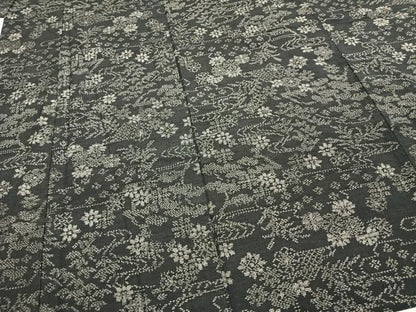 平和屋着物▽上質な紬 単衣 流水花文 黒地 正絹 逸品 AABE5613fy
