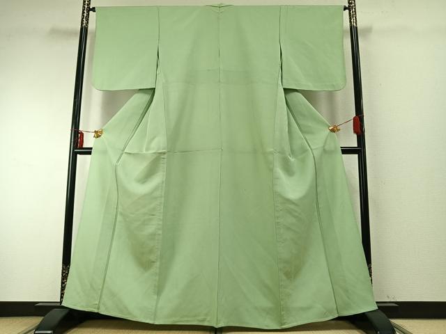 平和屋着物▽上質な色無地 単衣 唐草地紋 若葉色 正絹 逸品 AABE5616fy