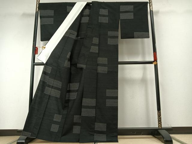 平和屋着物▽上質な紬 単衣 横段格子文 黒地 正絹 逸品 AABE5621fy