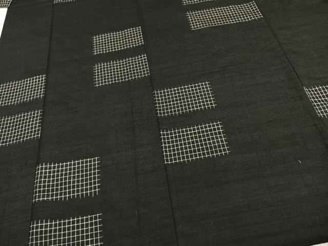 平和屋着物▽上質な紬 単衣 横段格子文 黒地 正絹 逸品 AABE5621fy