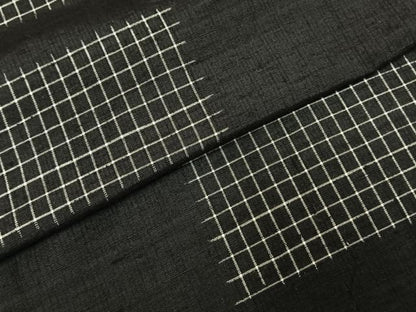 平和屋着物▽上質な紬 単衣 横段格子文 黒地 正絹 逸品 AABE5621fy