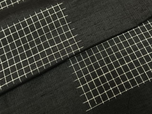 平和屋着物▽上質な紬 単衣 横段格子文 黒地 正絹 逸品 AABE5621fy