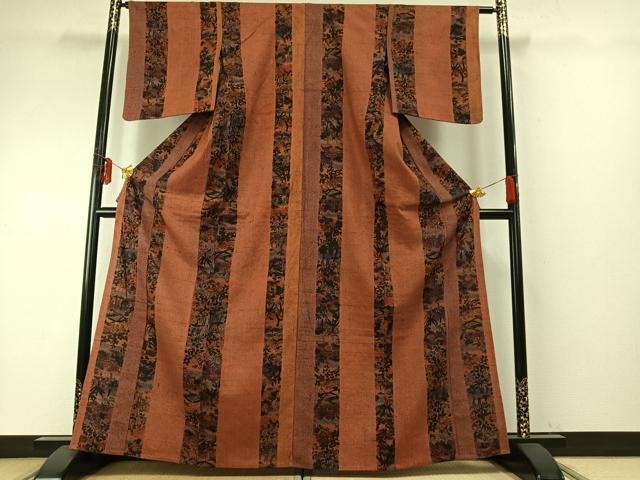平和屋着物▽上質な紬　単衣　草花間道　正絹　逸品　AABE5630fy 平和屋着物▽上質な紬 単衣 草花間道 正絹 逸品 AABE5630fy