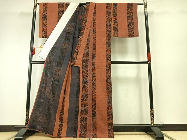 平和屋着物▽上質な紬　単衣　草花間道　正絹　逸品　AABE5630fy 平和屋着物▽上質な紬 単衣 草花間道 正絹 逸品 AABE5630fy