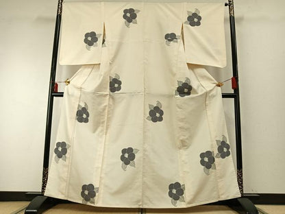 平和屋着物▽上質な紬 単衣 草花文 正絹 逸品 AABE5632fy