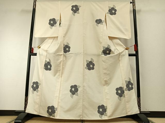平和屋着物▽上質な紬 単衣 草花文 正絹 逸品 AABE5632fy