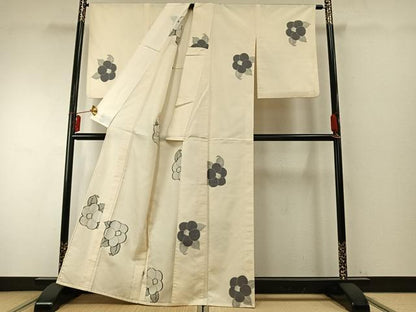 平和屋着物▽上質な紬 単衣 草花文 正絹 逸品 AABE5632fy