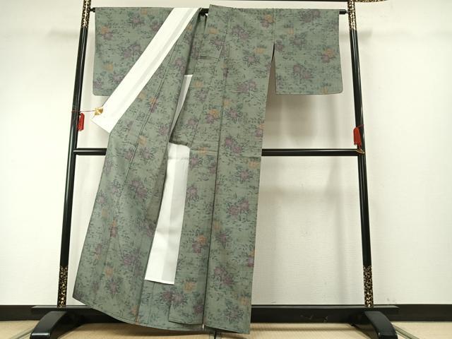 平和屋着物▽琉球紬 単衣 枝花文 反端付き 正絹 逸品 未使用 AABE5634fy