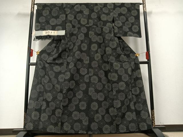 平和屋着物▽お召 単衣 120亀甲 花尽くし 黒地 反端付き 正絹 逸品 AABE5635fy
