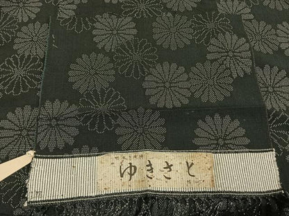 平和屋着物▽お召 単衣 120亀甲 花尽くし 黒地 反端付き 正絹 逸品 AABE5635fy