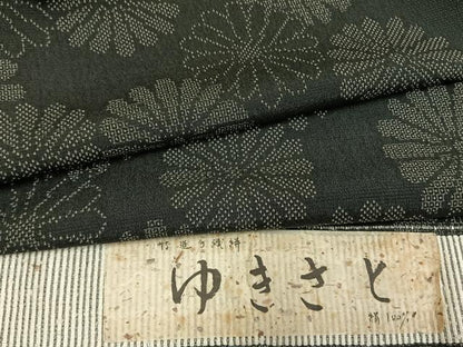 平和屋着物▽お召 単衣 120亀甲 花尽くし 黒地 反端付き 正絹 逸品 AABE5635fy