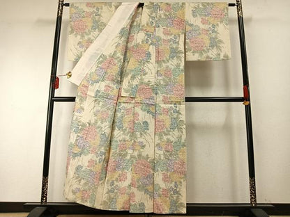 平和屋着物▽小千谷紬 単衣 草花文 逸品 AABE5637fy