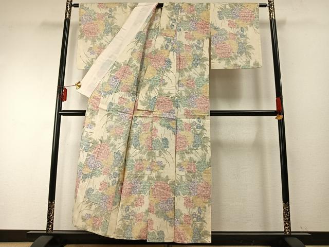 平和屋着物▽小千谷紬 単衣 草花文 逸品 AABE5637fy