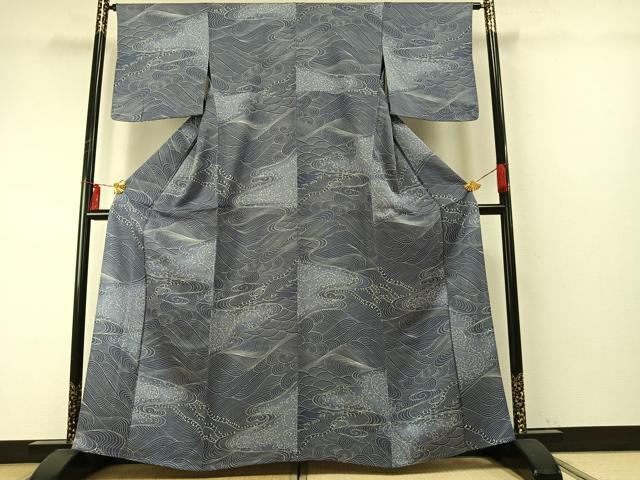 平和屋着物▽上質な小紋 単衣 立波文 正絹 逸品 未使用 AABE5641fy
