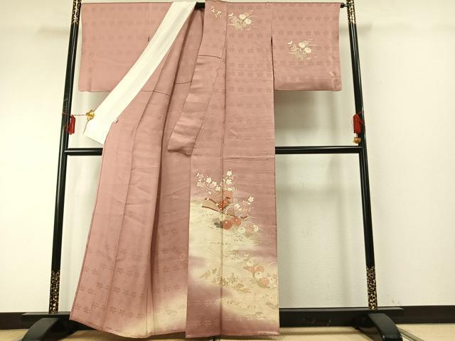 平和屋着物▽訪問着 単衣 扇面花文 暈し染め 金銀彩 正絹 逸品 AABE5643fy