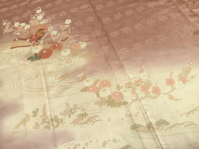 平和屋着物▽訪問着 単衣 扇面花文 暈し染め 金銀彩 正絹 逸品 AABE5643fy