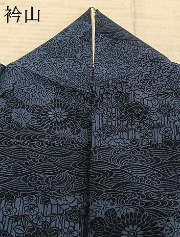 平和屋着物▽上質な小紋 単衣 藍 型染め 草花文 正絹 逸品 AABE5647fy
