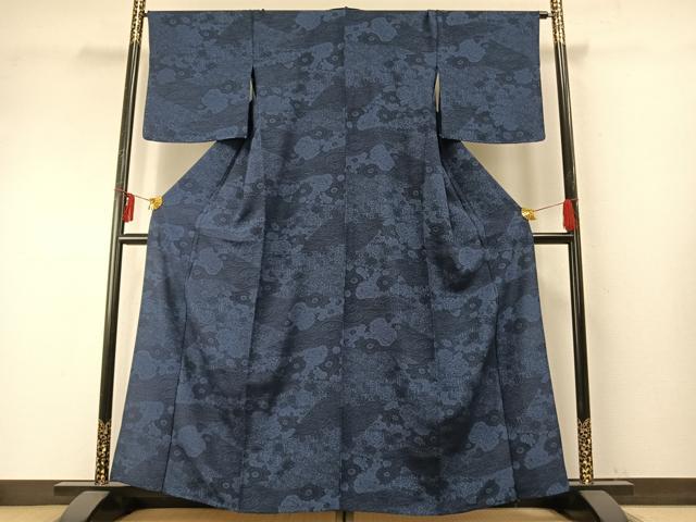 平和屋着物▽上質な小紋 単衣 藍 型染め 草花文 正絹 逸品 AABE5647fy