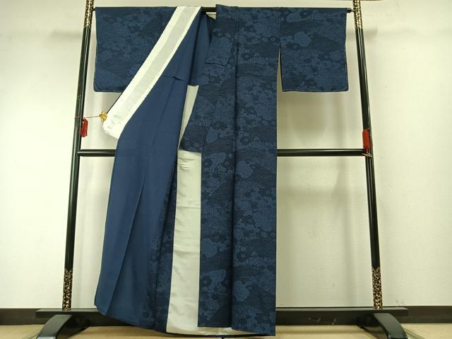 平和屋着物▽上質な小紋 単衣 藍 型染め 草花文 正絹 逸品 AABE5647fy