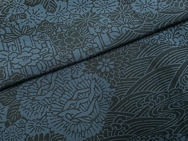 平和屋着物▽上質な小紋 単衣 藍 型染め 草花文 正絹 逸品 AABE5647fy