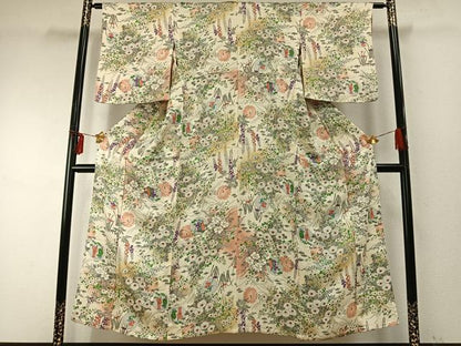 平和屋着物▽上質な小紋 単衣 手描き 雪輪人物花文 暈し染め 正絹 逸品 AABE5649fy
