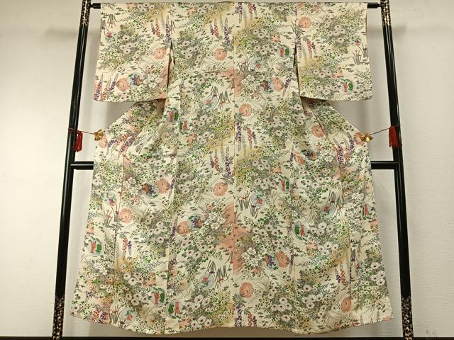 平和屋着物▽上質な小紋 単衣 手描き 雪輪人物花文 暈し染め 正絹 逸品 AABE5649fy