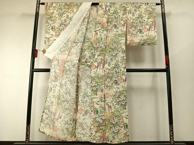 平和屋着物▽上質な小紋 単衣 手描き 雪輪人物花文 暈し染め 正絹 逸品 AABE5649fy