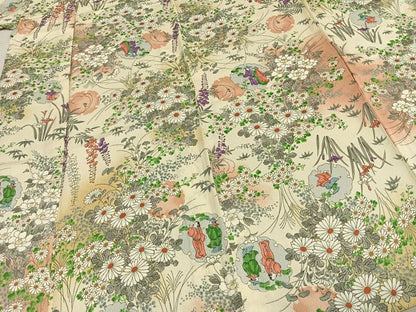 平和屋着物▽上質な小紋 単衣 手描き 雪輪人物花文 暈し染め 正絹 逸品 AABE5649fy