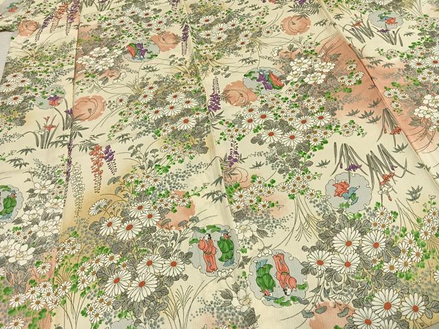 平和屋着物▽上質な小紋 単衣 手描き 雪輪人物花文 暈し染め 正絹 逸品 AABE5649fy
