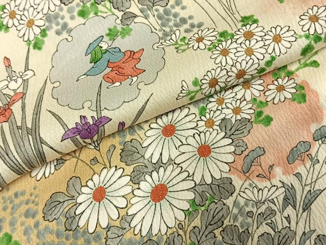 平和屋着物▽上質な小紋 単衣 手描き 雪輪人物花文 暈し染め 正絹 逸品 AABE5649fy