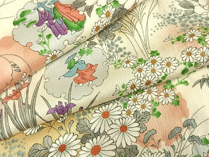 平和屋着物▽上質な小紋 単衣 手描き 雪輪人物花文 暈し染め 正絹 逸品 AABE5649fy