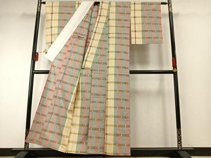 平和屋着物▽伝統工芸士 萩原宏一 紬 単衣 伊勢崎絣 横段文 証紙付き 正絹 逸品 未使用 AABE5654fy