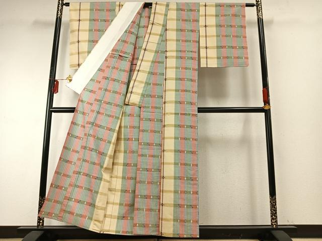 平和屋着物▽伝統工芸士 萩原宏一 紬 単衣 伊勢崎絣 横段文 証紙付き 正絹 逸品 未使用 AABE5654fy