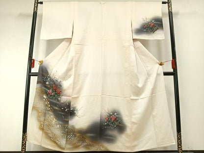 平和屋着物▽訪問着　単衣　枝花文　暈し染め　金銀彩　正絹　逸品　AABE5662fy