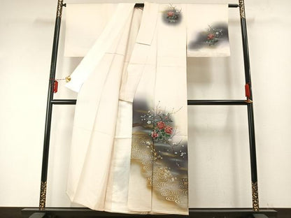 平和屋着物▽訪問着　単衣　枝花文　暈し染め　金銀彩　正絹　逸品　AABE5662fy
