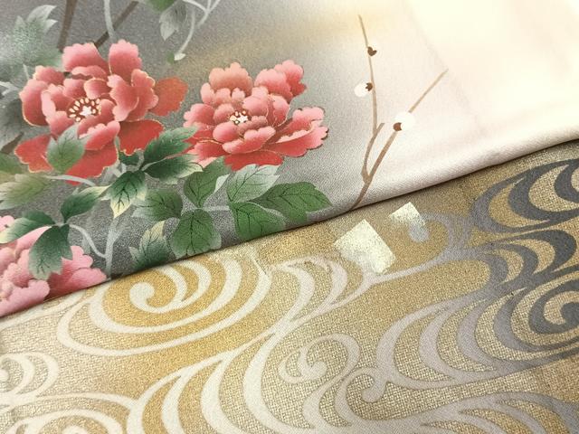平和屋着物▽訪問着　単衣　枝花文　暈し染め　金銀彩　正絹　逸品　AABE5662fy