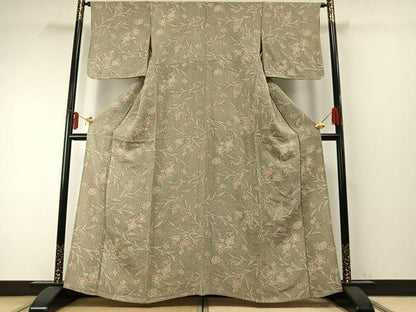平和屋着物▽上質な小紋 単衣 枝花文 鬼しぼ縮緬 正絹 逸品 AABE5664fy