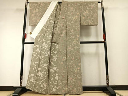 平和屋着物▽上質な小紋 単衣 枝花文 鬼しぼ縮緬 正絹 逸品 AABE5664fy