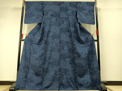 平和屋着物▽上質な小紋 単衣 藍 型染め 切嵌花文 ロング丈 正絹 逸品 AABE5667fy