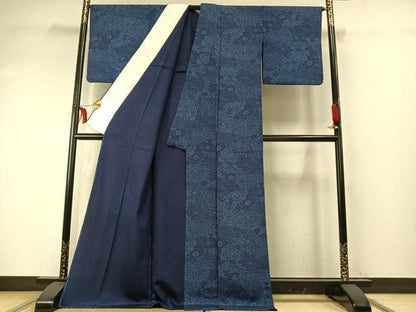 平和屋着物▽上質な小紋 単衣 藍 型染め 切嵌花文 ロング丈 正絹 逸品 AABE5667fy