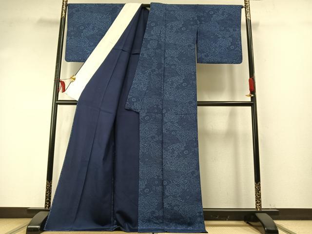 平和屋着物▽上質な小紋 単衣 藍 型染め 切嵌花文 ロング丈 正絹 逸品 AABE5667fy