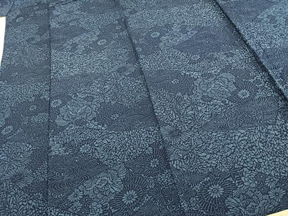 平和屋着物▽上質な小紋 単衣 藍 型染め 切嵌花文 ロング丈 正絹 逸品 AABE5667fy