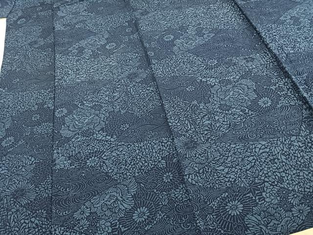 平和屋着物▽上質な小紋 単衣 藍 型染め 切嵌花文 ロング丈 正絹 逸品 AABE5667fy
