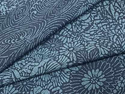 平和屋着物▽上質な小紋 単衣 藍 型染め 切嵌花文 ロング丈 正絹 逸品 AABE5667fy