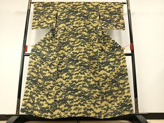 平和屋着物▽上質な小紋 単衣 型染め 松竹梅 鬼しぼ縮緬 正絹 逸品 AABE5673fy